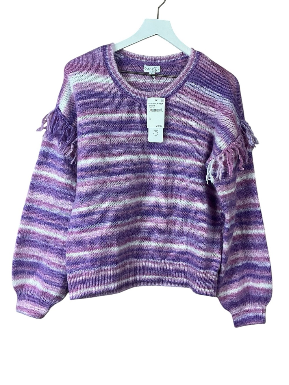 Olivia Sky Purple Stripe Crewneck Fringe Sweater Women Sz L